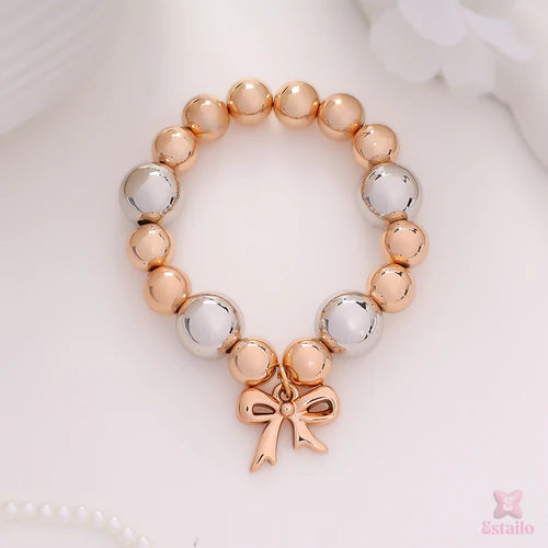 Rose Gold & Silver Beaded Bracelet with Bow Charm