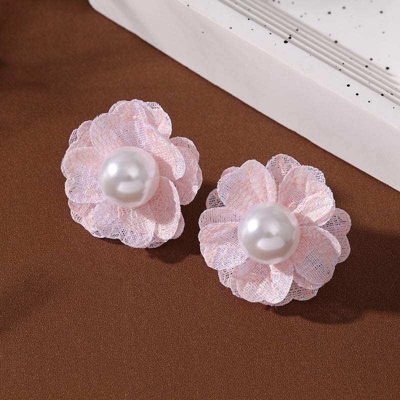 Elegant Pink Lace Flower Earrings with Pearl Center