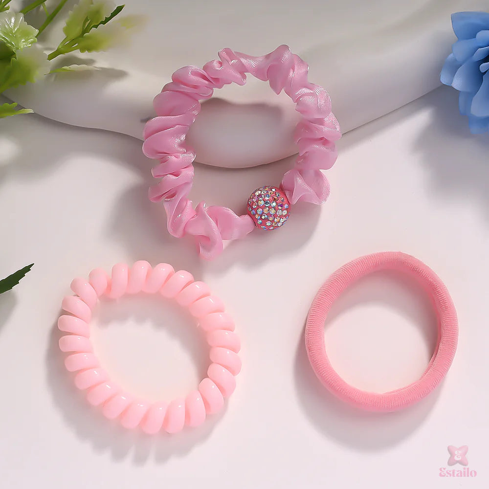 3-in-1 Pink Hair Tie Set – Elegant, Spiral & Fabric Styles