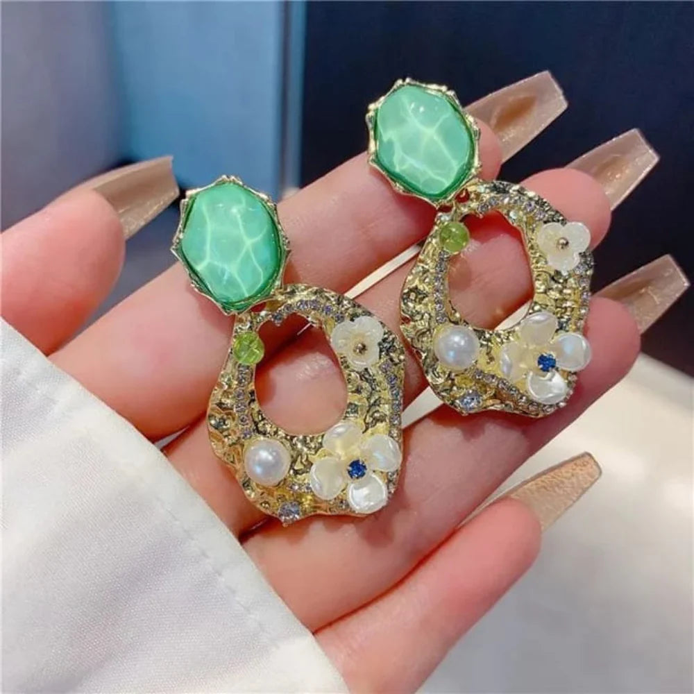 Vintage Green Gemstone Floral Drop Earrings