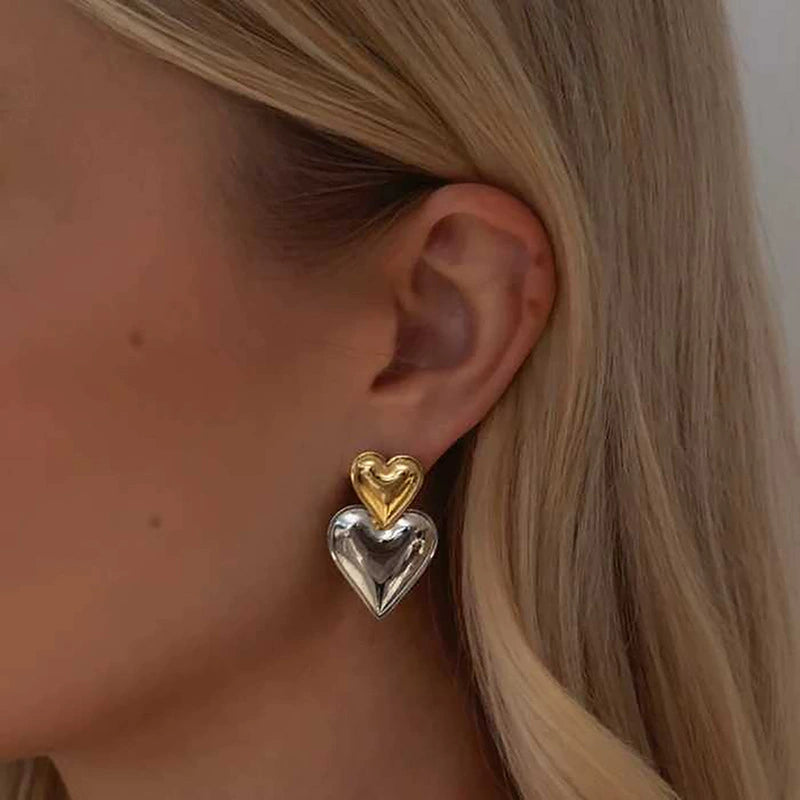 Two-Tone Metallic Heart Drop Earrings