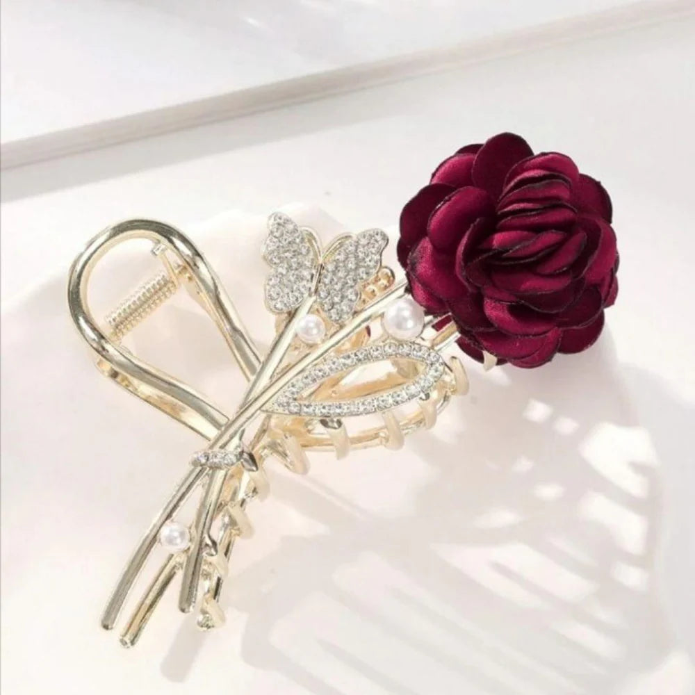 Gold Butterfly Rose Clutcher with Rhinestones & Pearls