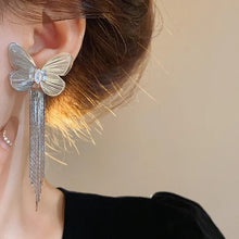 Silver Butterfly Tassel Drop Earrings