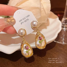 Pearl Drop Earrings with Encased Rose Design