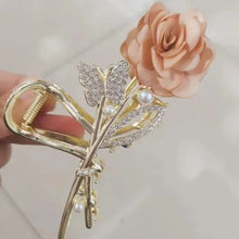 Luxury Rose & Butterfly Hair Clutcher – Rhinestone Glam with Pearl Accents