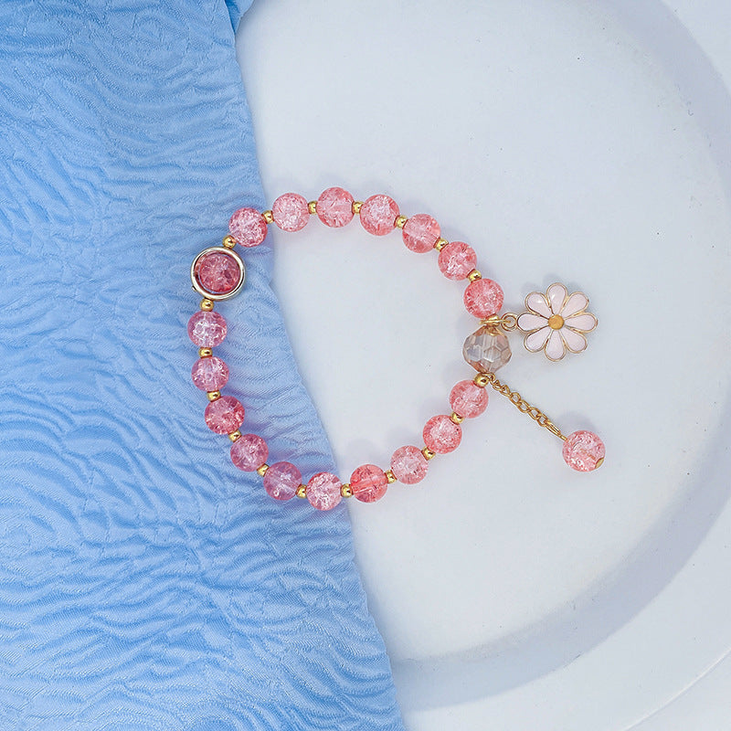 Pink Crackle Bead Bracelet with Daisy Charm