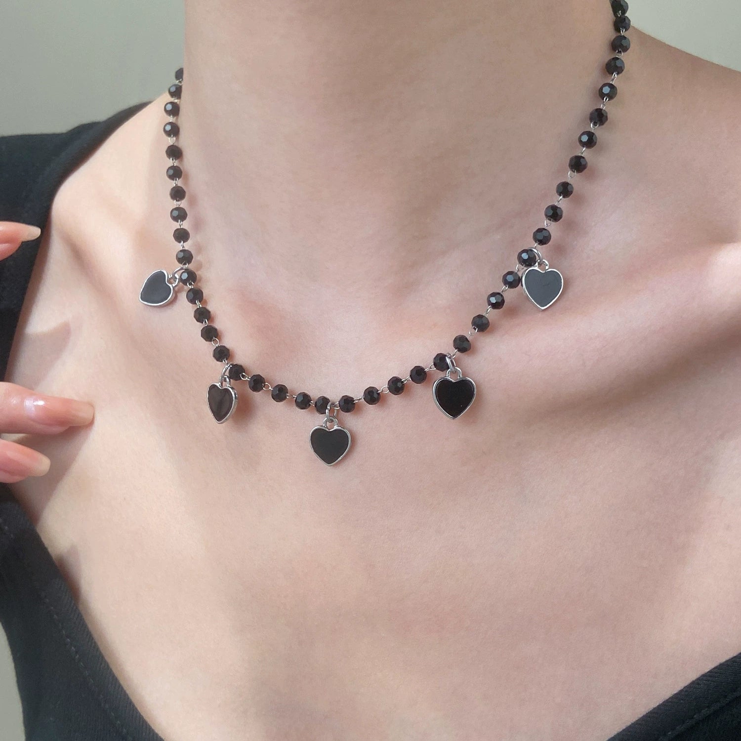 Black Beaded Heart Charm Necklace