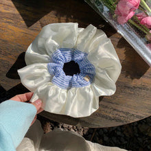 Elegant Pearl White Satin Scrunchie with Blue Striped Center