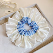 Elegant Pearl White Satin Scrunchie with Blue Striped Center