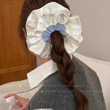 Elegant Pearl White Satin Scrunchie with Blue Striped Center