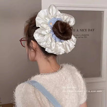 Elegant Pearl White Satin Scrunchie with Blue Striped Center